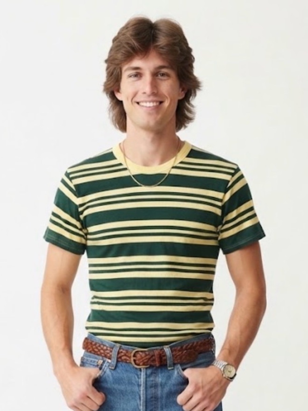 Vintage 70s Striped Green Yellow T-Shirt Retro Single Stitch Crewneck S/M